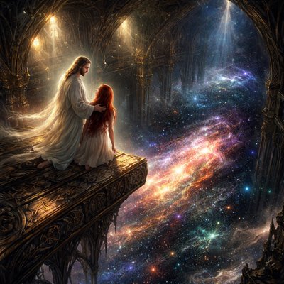 Surrealism Art Style, Fantasy Digital Art Style, a breathtaking and dreamlike scene. Jesus Christ, robed in soft, glowing white light, stands with a girl with long red hair (the dreamer) on massive, ancient wooden and stone cathedral rafters that curve high into a dark upper vault. They are looking downwards over the edge of a thick beam. Below them, there is no floor, only an infinite, swirling cosmic abyss filled with brilliant galaxies, nebulae, and countless glittering stars spread out like a carpet far below. The architecture seems to be floating in space. The lighting is a mix of warm gold from the divine figures and cool blues and purples from the stars below. The mood is one of overwhelming awe and peace.