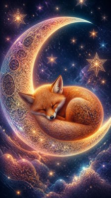 a sleeping baby fox curled on a crescent moon among soft stars, gentle and warm, no text