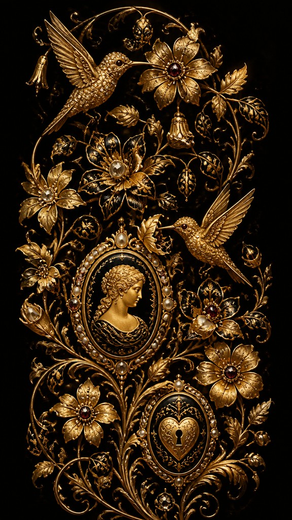 a climbing vine of flowers and hummingbirds on a dark background, tall wrapping composition, no text