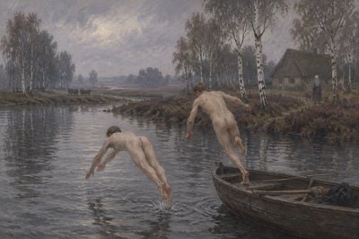 two male swimmers without briefs jump from their rowing boat into the lake for a swim
