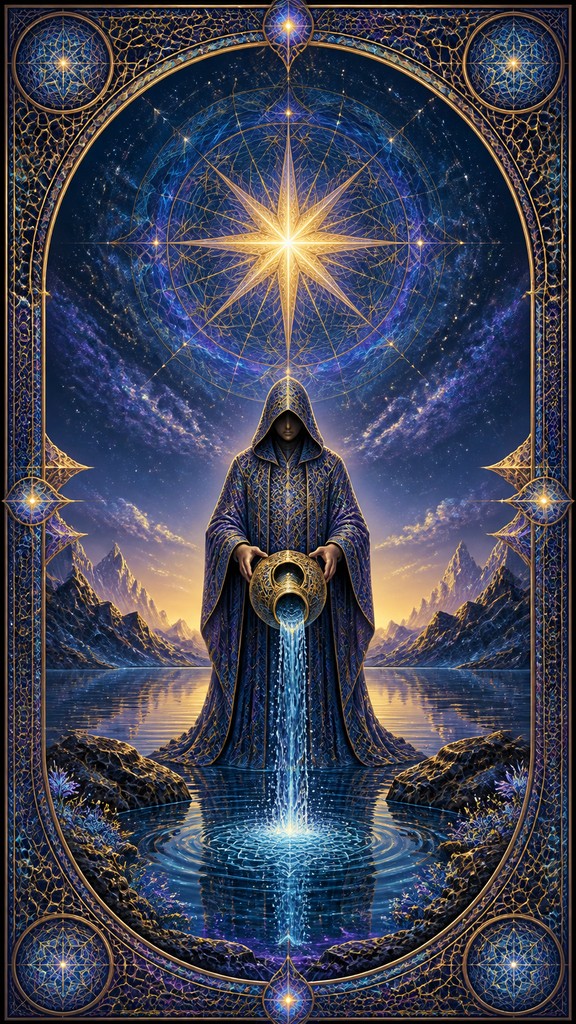 a robed figure pouring water beneath a large eight-pointed star in a night sky, symmetrical composition with an ornate decorative border, no text