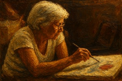 a painting of a woman writing on a piece of paper