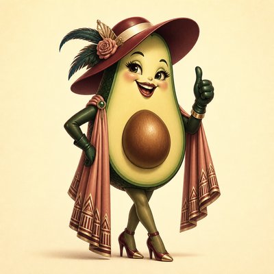 a happy avocado character giving a thumbs up, bold readable design on a plain background, no text