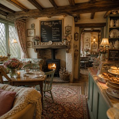 cozy cafe interior with warm lighting