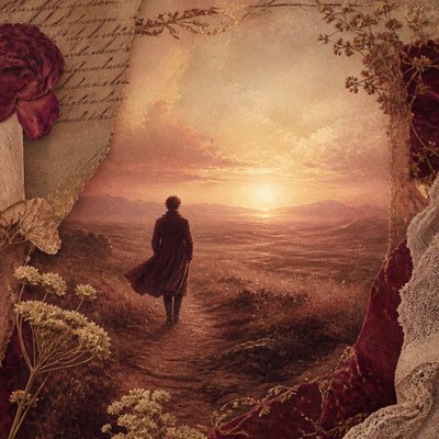 a solitary figure walking toward a glowing horizon across an empty plain, moody atmosphere, no text or lettering