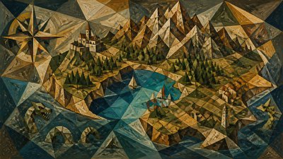 a map of an island realm with mountains, forests, a sheltered bay, sea monsters in the water and a compass rose, no text labels