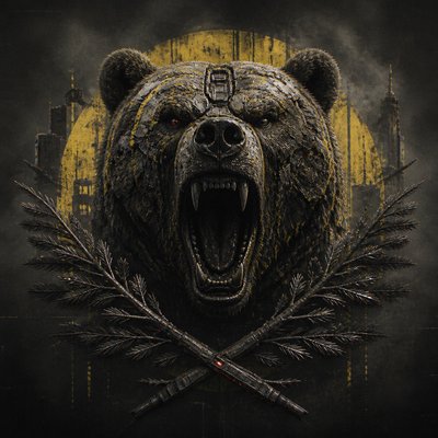 a roaring bear head above crossed pine branches, bold graphic composition on a plain background, no text