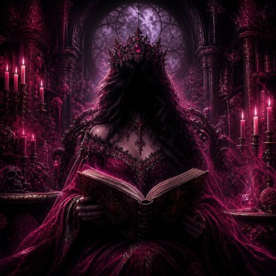 Create me an image of a woman in the centre whose face is obscured in shadows, she must wear a crown with gemstones and an intricate design, her hair must must fall elegantly around her and must look naturally curled. The whole thing must be done in dark pink, magenta, and deep purple here and there and can be a little gothic fantasy vibe, she must have a very beautiful dress on as well and must be hold an open book.