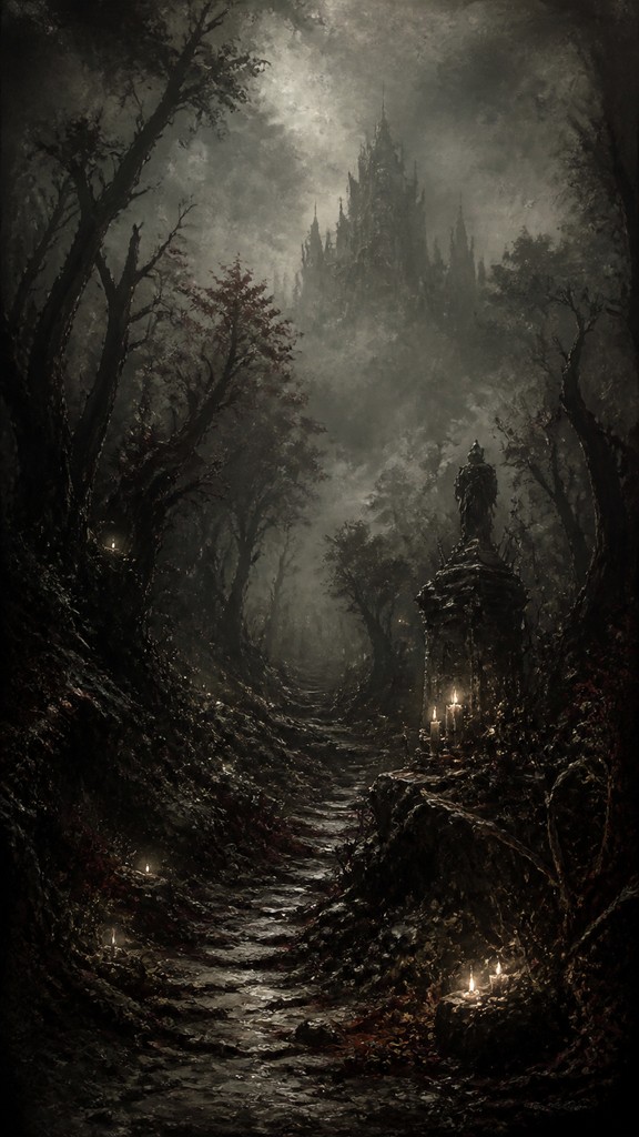 a mysterious forest path with fireflies and drifting mist, atmospheric vertical composition with open space at the top, no text