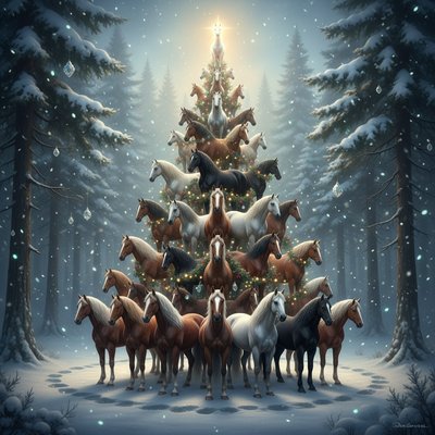A breathtaking forest clearing at winter twilight, filled with deep emerald pines and soft ambient mist. At the center of the scene stands an extraordinary Christmas tree—its entire form cleverly created by living horses. Dozens of horses of various sizes and colors stand arranged in a perfect triangular formation from wide base to narrow peak, their bodies forming the layered silhouette of a lush holiday tree. Each horse is positioned with elegant precision so their necks, flowing manes, and arched backs mimic the contours of branches. The base layer features large, sturdy draft horses, chestnuts and bays, standing shoulder to shoulder like the lower boughs. Mid-levels transition to sleek Arabians, palominos, and black stallions, their manes fanned outward like sweeping tree limbs. Near the top, smaller ponies and miniature horses form the upper taper, culminating in a single snow-white miniature horse standing proudly at the peak, glowing with soft magical light like a star.

The horses are adorned with delicate festive accents: strands of golden fairy lights draped across their bodies, pine-needle wreath garlands resting on their necks, tiny crystal ornaments clipped lightly to their manes, and subtle silvery frost sparkling on their coats. Each horse’s breath forms soft clouds in the chilly air. Snow gently falls through shafts of moonlight filtering between towering firs. The forest floor is blanketed with untouched white snow, except for the circle of hoofprints surrounding the living tree. Fireflies and bioluminescent particles drift among the trees, adding a mystical glow. Mood is grand, magical, cinematic, hyper-realistic with extreme detail, crisp textures of fur, snow, and pine, volumetric lighting, dramatic shadows, ultra-high resolution, enchanted winter atmosphere.

Camera & Style cues:
– Wide-angle lens, low camera angle looking slightly upward
– Cinematic depth of field
– Hyper-detailed photorealism
– Soft moonlit color palette with warm golden highlights
– 8K clarity, high dynamic range, deep contrast
– Slight ethereal glow for a magical holiday feel