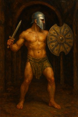 a painting of a man with a helmet and sword