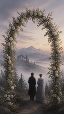 an arch of white roses and eucalyptus in soft morning light, elegant vertical composition with open space, no text