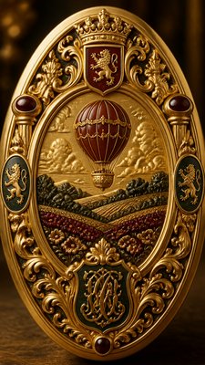 a hot air balloon drifting over rolling flower fields on a sunny day, cheerful, no text