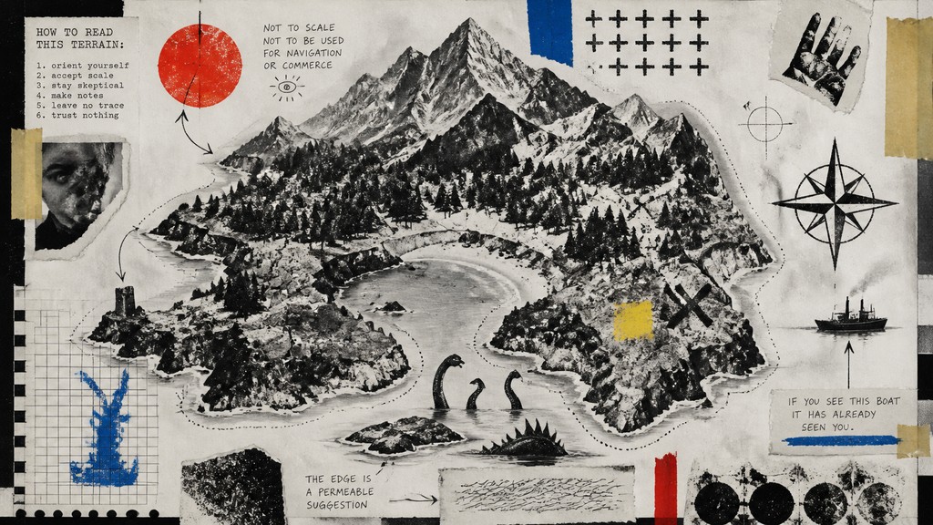 a map of an island realm with mountains, forests, a sheltered bay, sea monsters in the water and a compass rose, no text labels