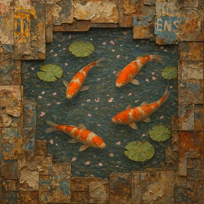 A koi pond seen from above, orange and white koi fish swimming among lily pads, clear water with subtle ripples, fallen cherry blossom petals floating on the surface, dappled sunlight