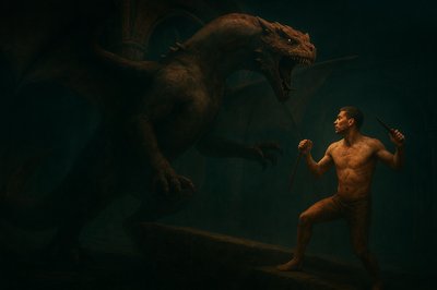 a painting of a man holding a knife next to a dinosaur