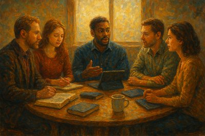 3 men and 2 women sit around a round table discussing things.  Bibles, journals, iPads and laptops cups of coffee and tea are on the table.  A window is behind them and light streams down.