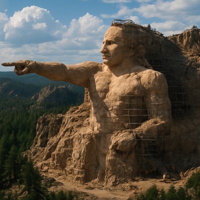 A majestic and inspiring depiction of the Crazy Horse National Memorial, captured from a slightly elevated, wide-angle perspective that emphasizes its immense scale and ongoing construction. The colossal carving of Crazy Horse on his war pony is the dominant feature, shown in its current state of detailed progress, with the iconic outstretched arm and pointing finger prominent against the rugged Black Hills. Visible elements of the carving process, such as scaffolding, construction equipment (subtly integrated), or evidence of rock removal, are present, highlighting the monumental effort and generations of work involved. The surrounding landscape of the Black Hills is an integral part of the composition, with pine forests, granite formations, and the vast, open sky providing a dramatic and respectful setting. The lighting is strong and clear, perhaps mid-morning or late afternoon sun, casting dramatic shadows that define the contours of the mountain and the carving. The atmosphere conveys a sense of enduring tribute, cultural pride, determination, and the sheer scale of human endeavor dedicated to honoring a legendary figure. The artistic style is a highly realistic, detailed landscape painting or photograph, emphasizing grandeur and reverence
