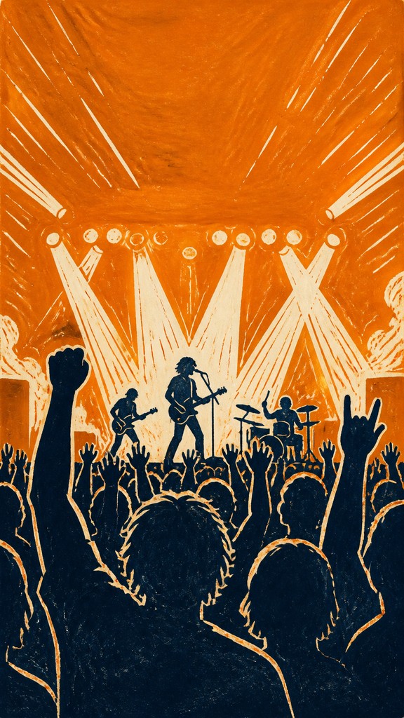 a live music scene with a glowing stage and silhouetted crowd, energetic vertical composition with open space at the top, no text