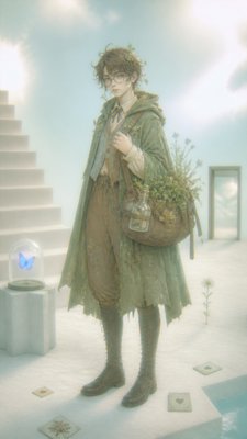 full-body original character: a wandering botanist with a satchel of plants, a patched green cloak, tall boots and round glasses, neutral background