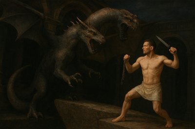 a painting of a man holding a sword next to a dragon