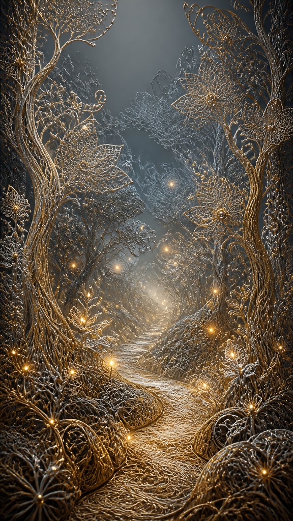 a mysterious forest path with fireflies and drifting mist, atmospheric vertical composition with open space at the top, no text