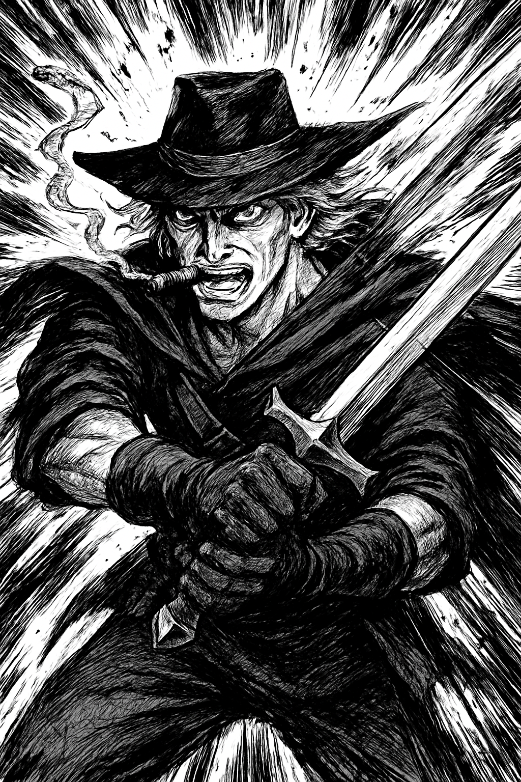 a black and white drawing of a man with a gun