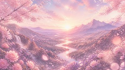 a vast valley with a river winding toward distant mountains at sunrise, no people, no text