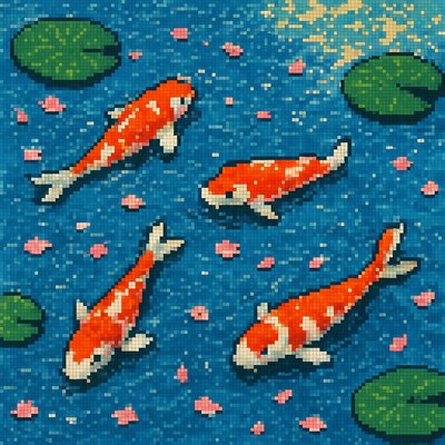 A koi pond seen from above, orange and white koi fish swimming among lily pads, clear water with subtle ripples, fallen cherry blossom petals floating on the surface, dappled sunlight