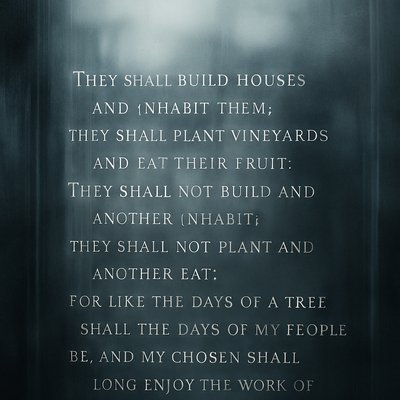 They shall build houses and inhabit them;
they shall plant vineyards and eat their fruit.

They shall not build and another inhabit;
they shall not plant and another eat;

for like the days of a tree shall the days of my people be,
and my chosen shall long enjoy the work of their hands. 