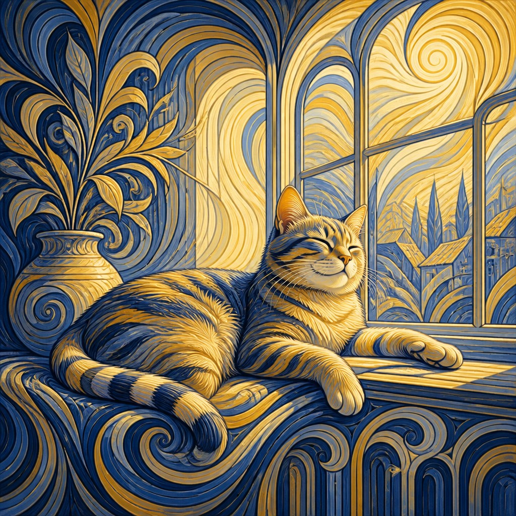 a cat lounging in a sunlit window — Visual Rhythm Art Style