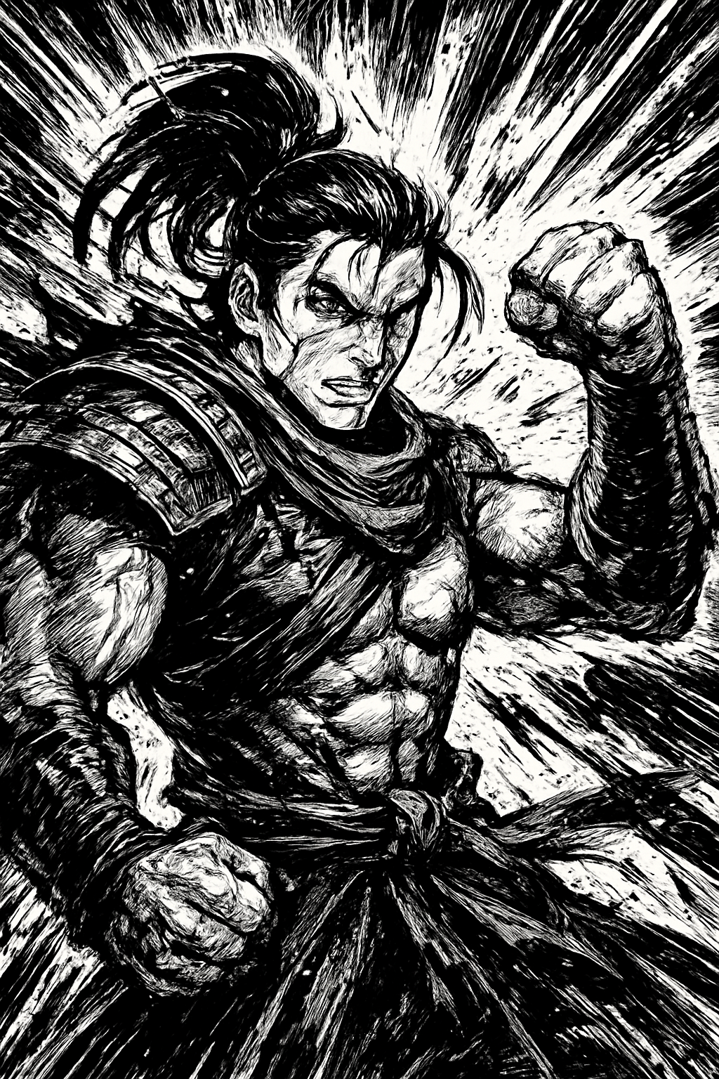 a black and white drawing of a man with a sword