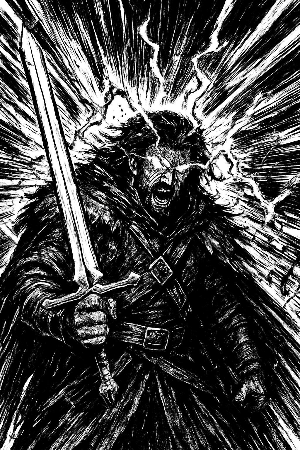 a black and white drawing of a man holding a sword