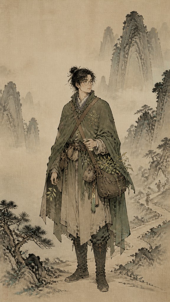 full-body original character: a wandering botanist with a satchel of plants, a patched green cloak, tall boots and round glasses, neutral background