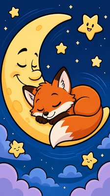 a sleeping baby fox curled on a crescent moon among soft stars, gentle and warm, no text