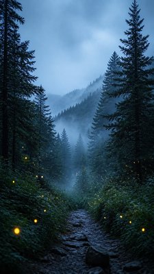 a mysterious forest path with fireflies and drifting mist, atmospheric vertical composition with open space at the top, no text