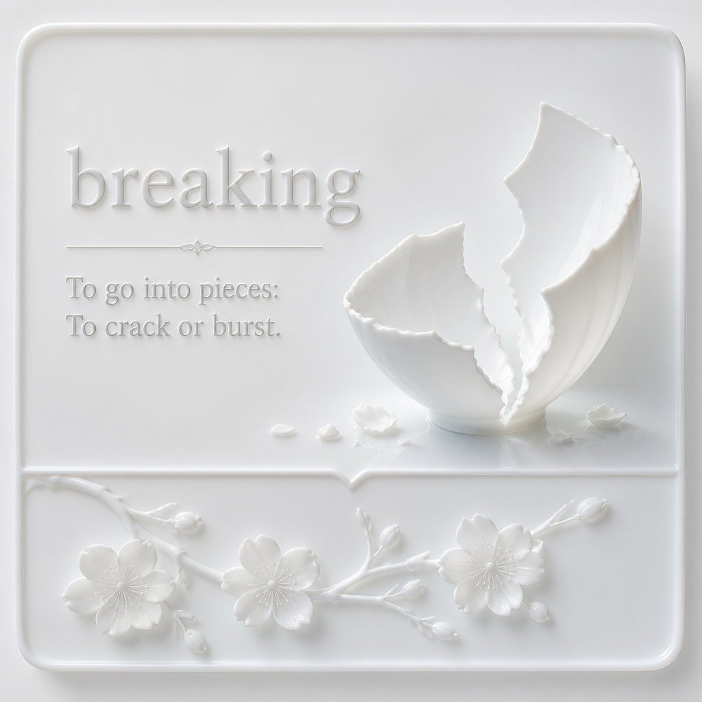 Please create a flashcard for the spelling word: "breaking" and it's definition: "To go into pieces: To crack or burst."