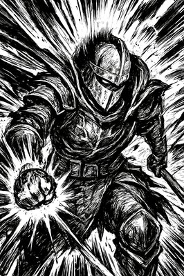 a black and white drawing of a man with a sword