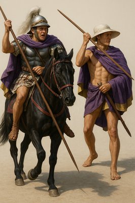 a painting of two men on horses with spears