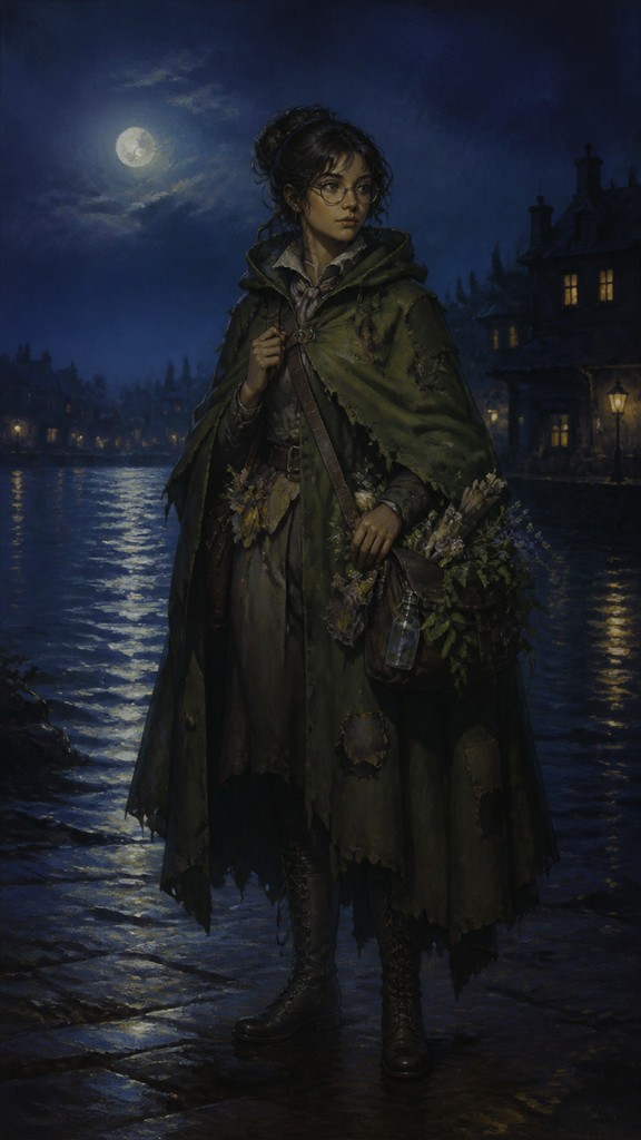full-body original character: a wandering botanist with a satchel of plants, a patched green cloak, tall boots and round glasses, neutral background