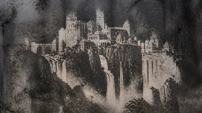 a cliffside city with waterfalls cascading into a misty canyon, wide establishing shot, no people, no text