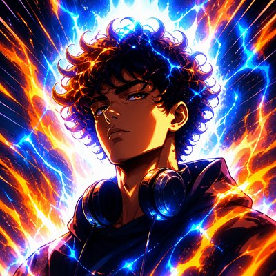 head-and-shoulders portrait of an original character: a young man with curly dark hair and headphones around his neck, plain backdrop, no text