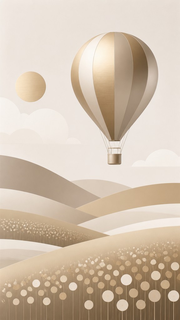 a hot air balloon drifting over rolling flower fields on a sunny day, cheerful, no text