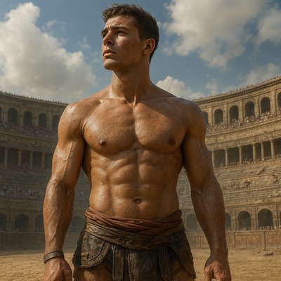 a man without a shirt standing in front of a building