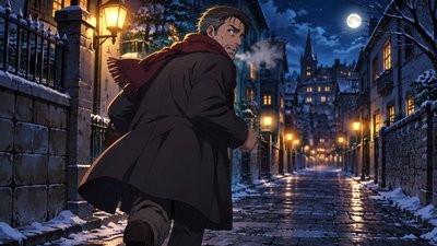 A view of another street. A middle-aged man is rushing back home with quick steps. He is wearing a warm coat with a muffler wrapped around his neck. He keeps glancing back repeatedly. His breath turns to steam in the cold air. The sound of his footsteps echoes through the deserted street.