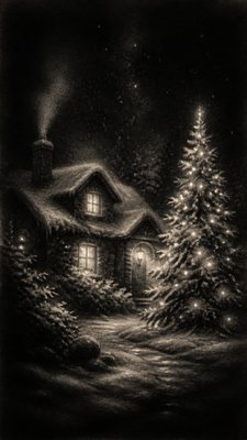 a snow-covered cottage with warm glowing windows beside a decorated pine tree, gentle snowfall, no text