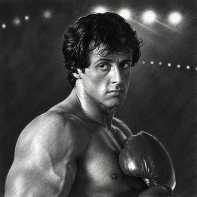 a black and white photo of a man wearing boxing gloves