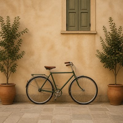 bicyle resting against a wall
