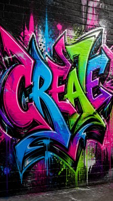 the word "CREATE" painted as large colorful wildstyle lettering on a brick wall