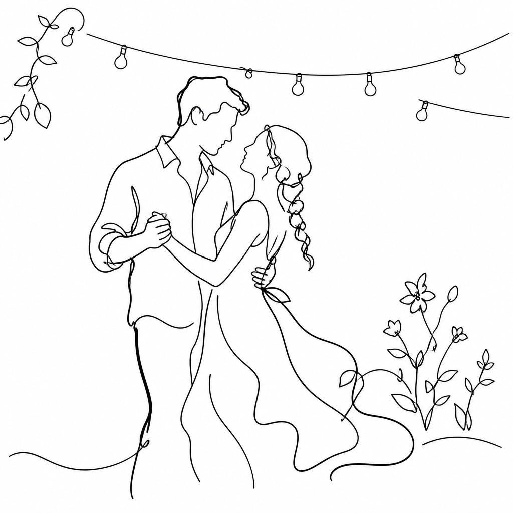 an original couple dancing under string lights in a garden at dusk: a man with short black hair in a linen shirt and a woman with braided red hair in a summer dress